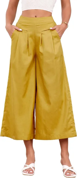 IDEALSANXUN Womens Cotton Linen Palazzo Pants Casual Wide Leg Culottes Trousers Capri Pant