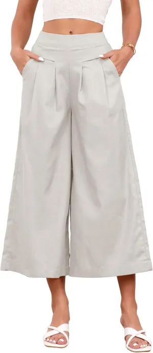 IDEALSANXUN Womens Cotton Linen Palazzo Pants Casual Wide Leg Culottes Trousers Capri Pant