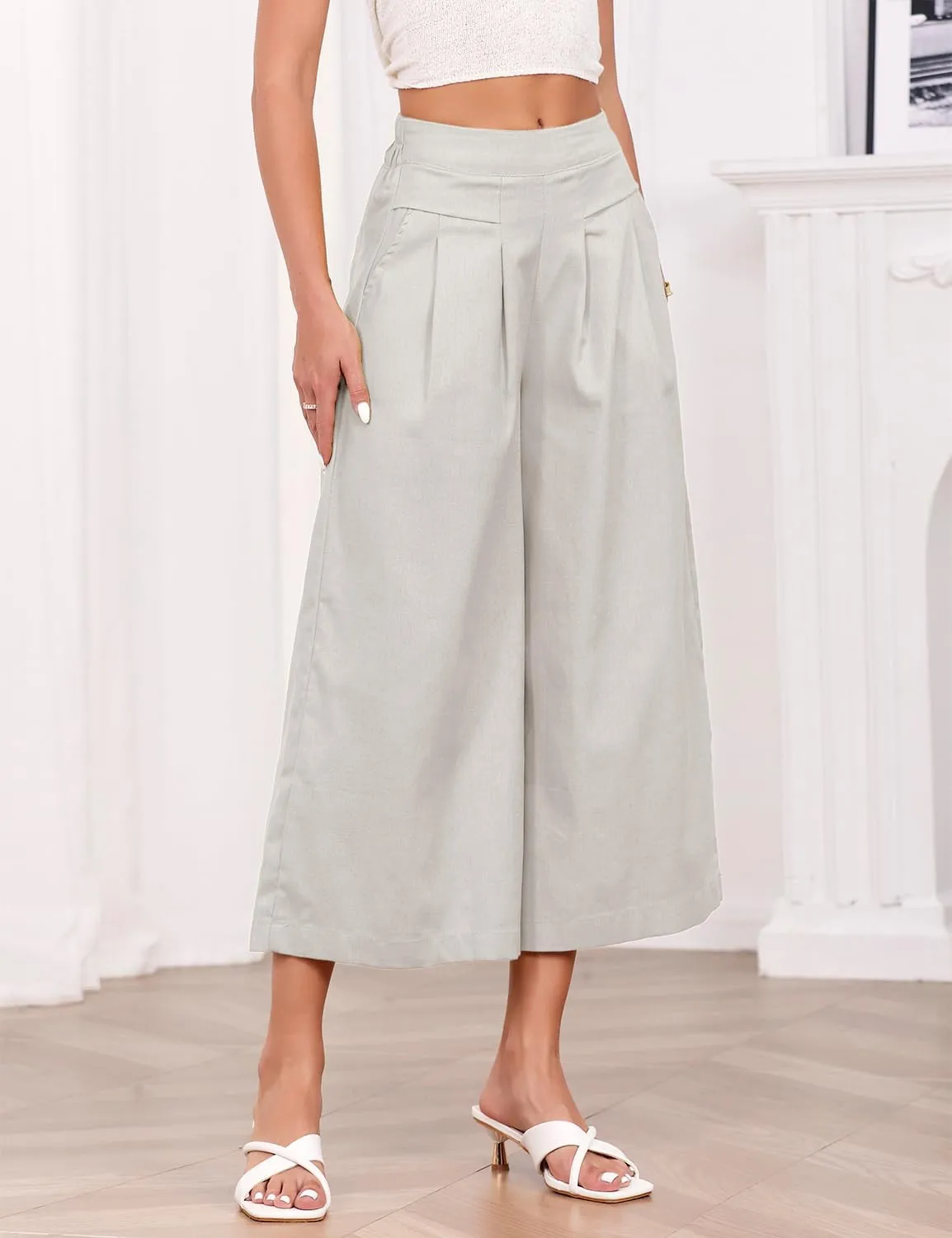IDEALSANXUN Womens Cotton Linen Palazzo Pants Casual Wide Leg Culottes Trousers Capri Pant