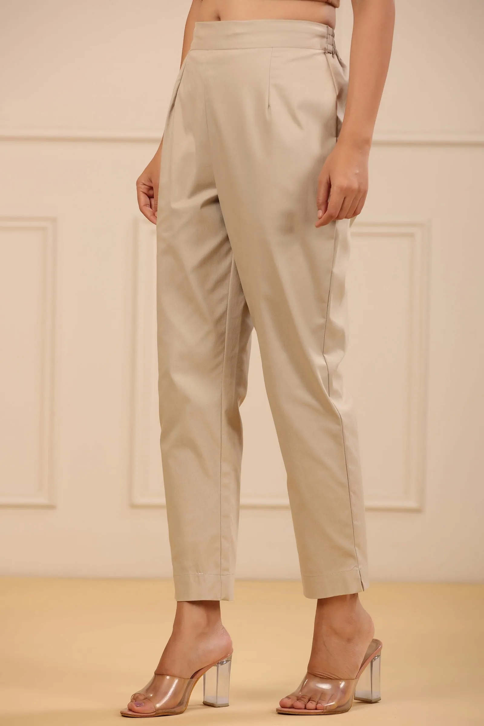 Jashvi Beige Spendex Solid Slim Fit Pants With Partially Elasticated Waistband