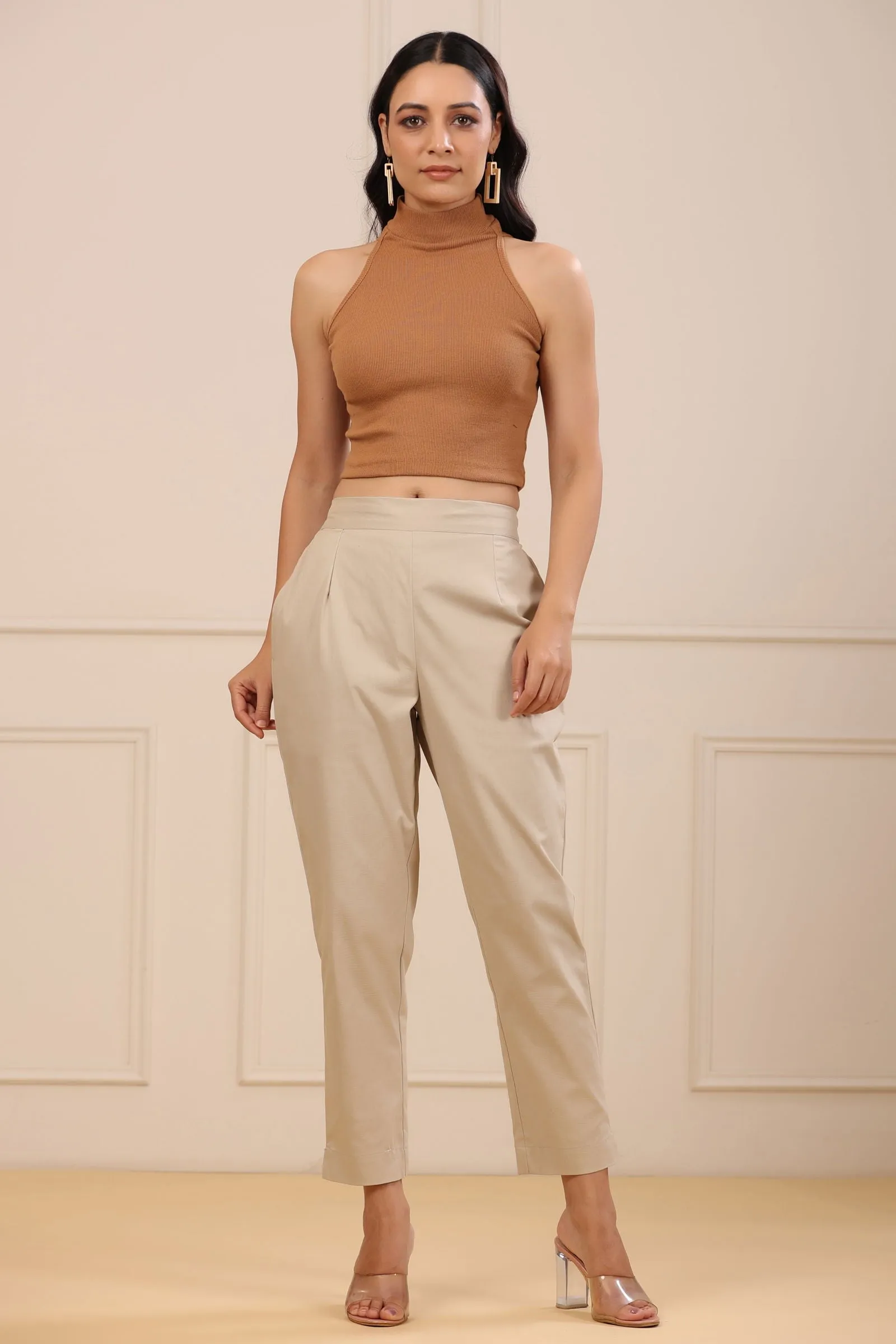 Jashvi Beige Spendex Solid Slim Fit Pants With Partially Elasticated Waistband