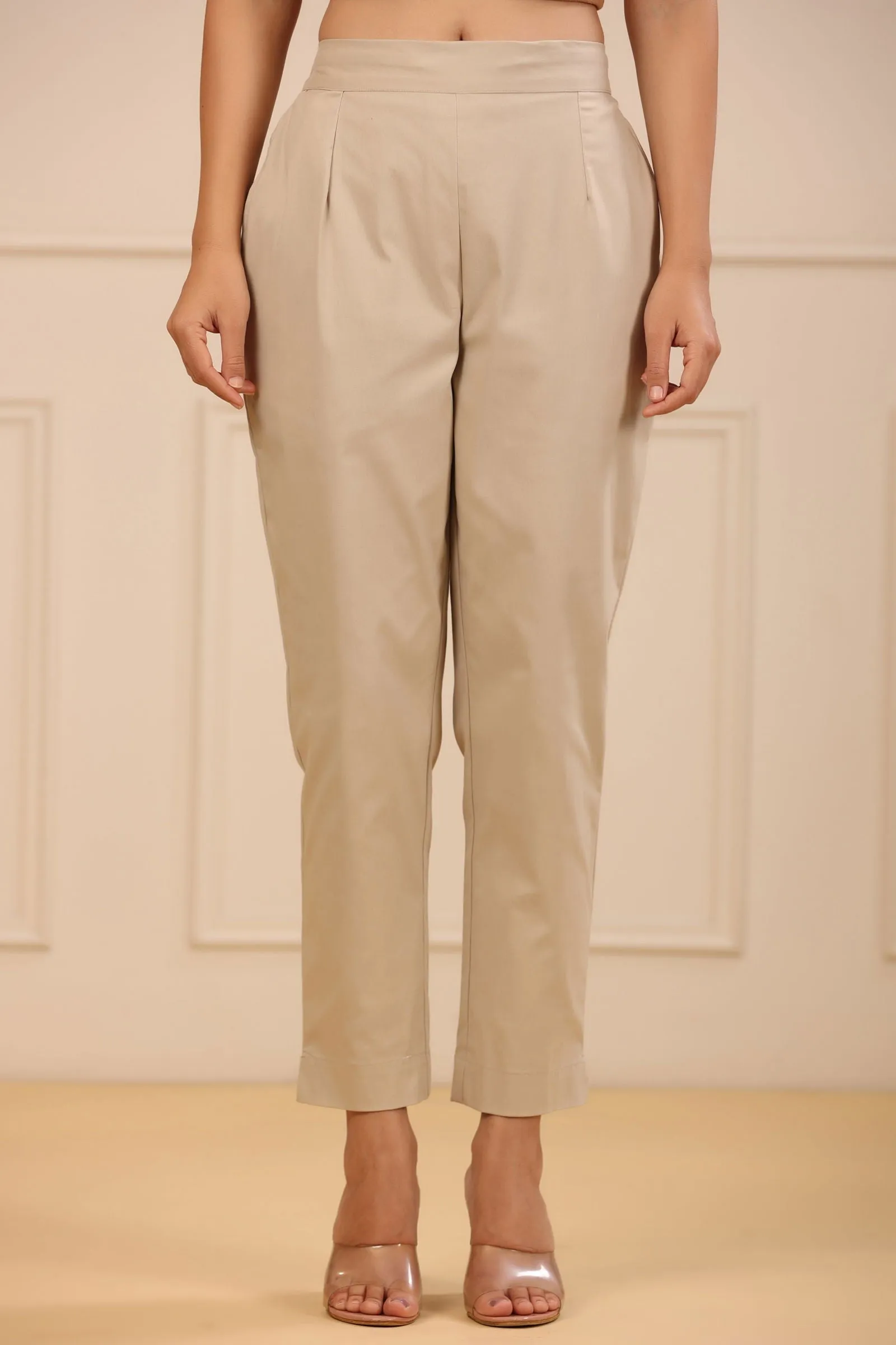 Jashvi Beige Spendex Solid Slim Fit Pants With Partially Elasticated Waistband