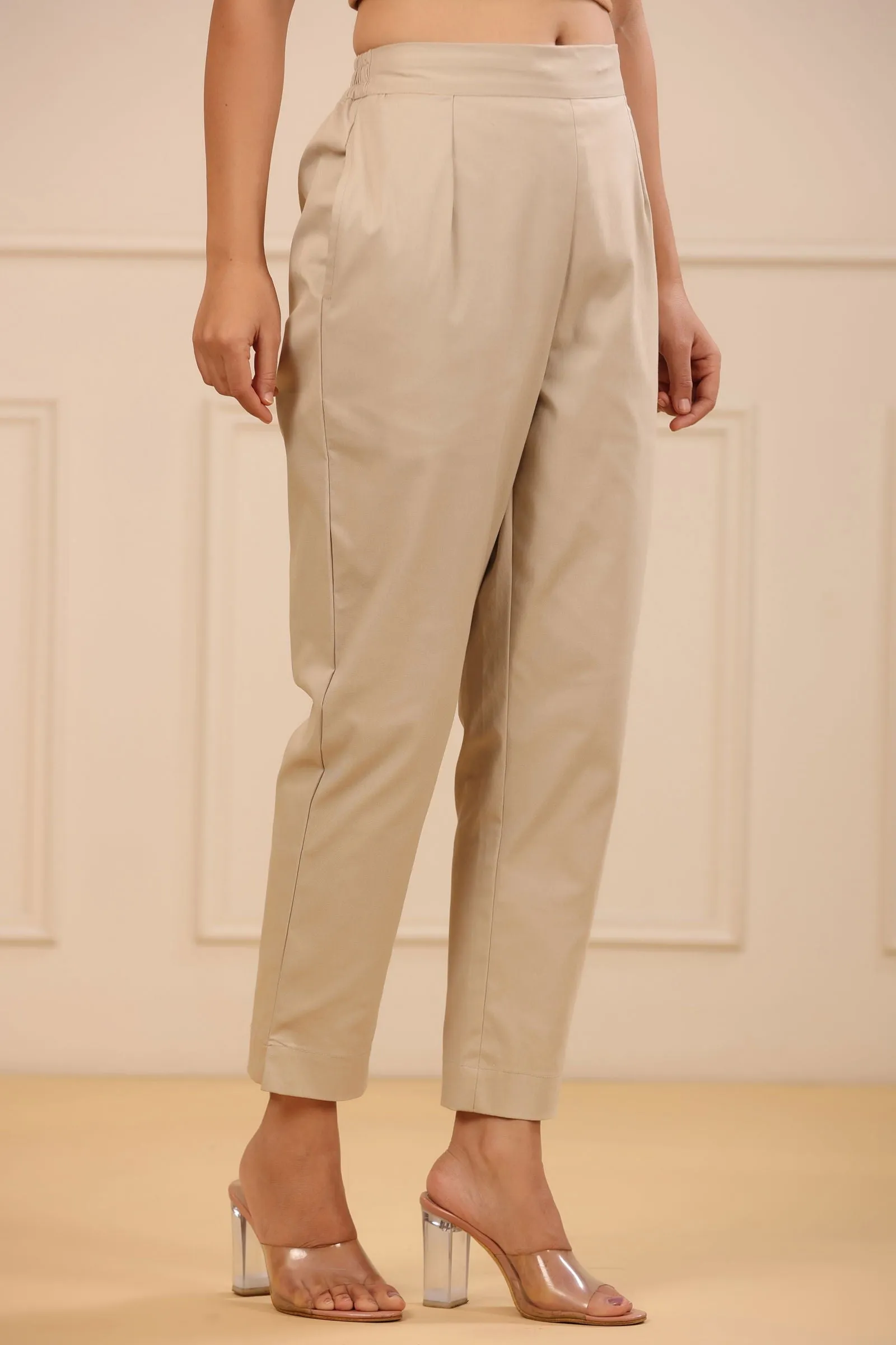 Jashvi Beige Spendex Solid Slim Fit Pants With Partially Elasticated Waistband
