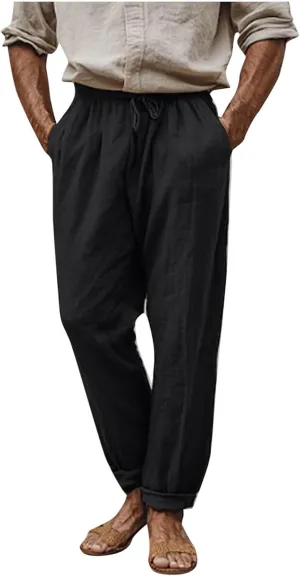 Linen Pants Men Drawstring Lightweight Beach Summer Yoga Pants Elastic Waist Slim Relaxed Fit Trousers with Pockets