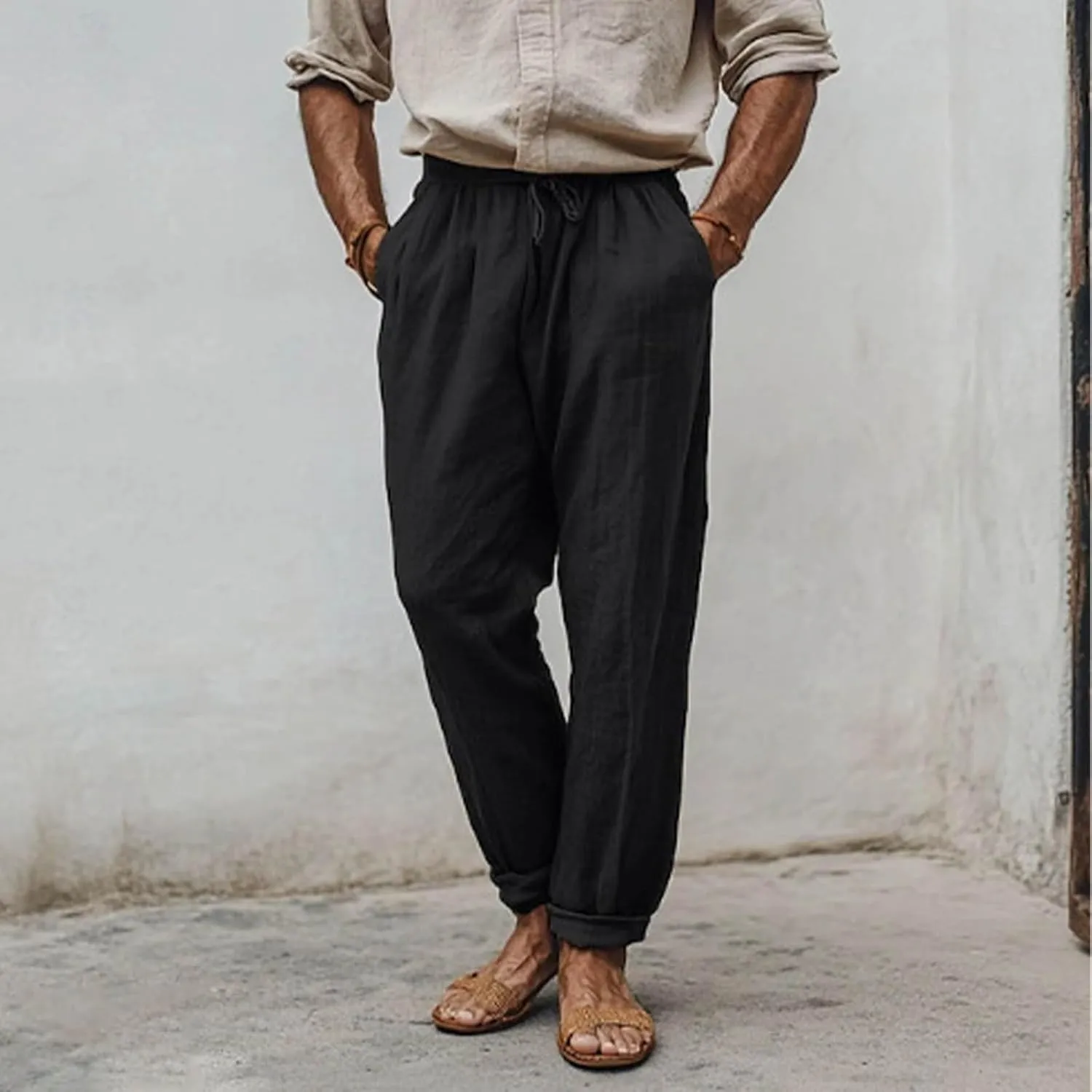 Linen Pants Men Drawstring Lightweight Beach Summer Yoga Pants Elastic Waist Slim Relaxed Fit Trousers with Pockets