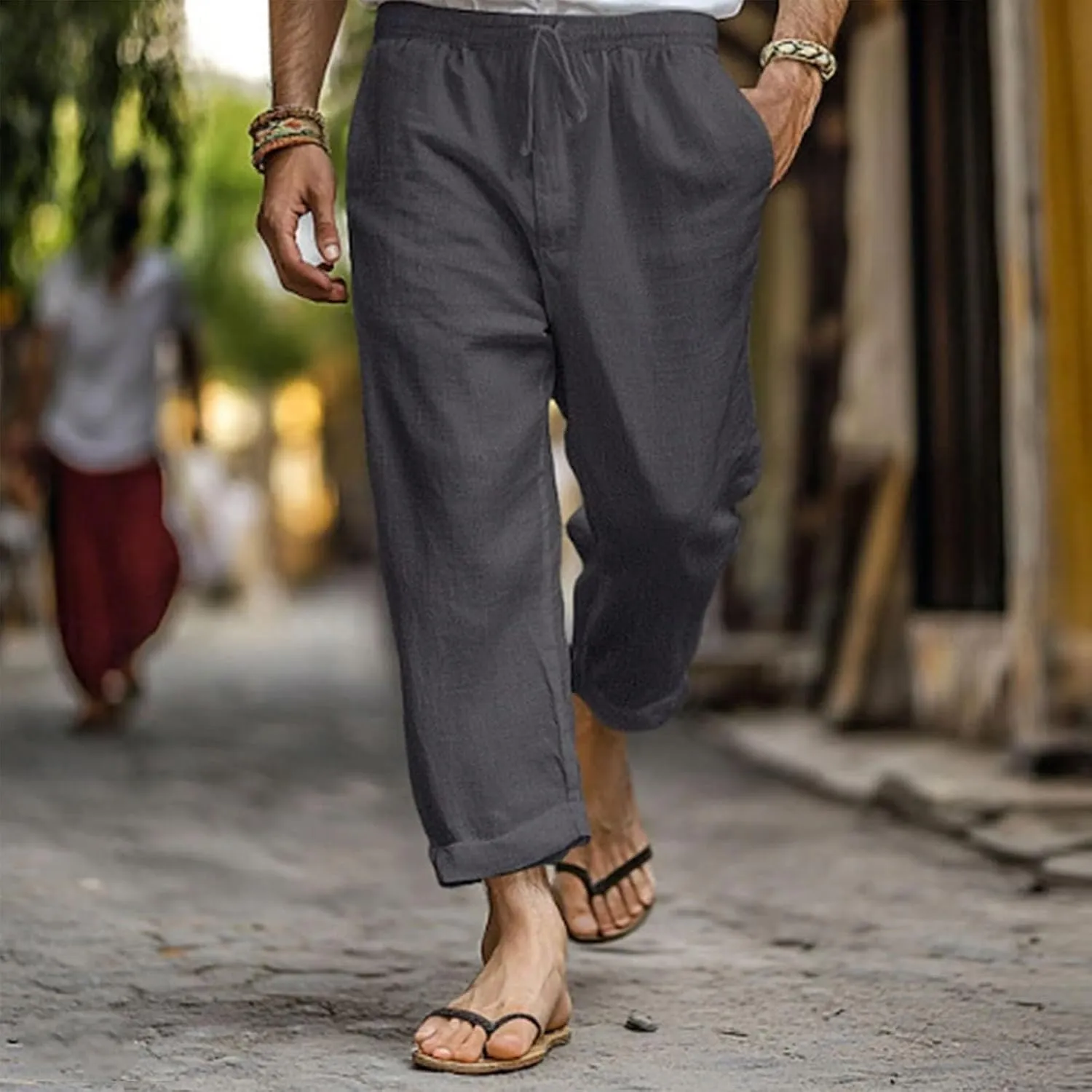 Linen Pants Men Long Relaxed Fit Elastic Waist Pants with Pockets Beach Yoga Travel Lounge Trousers for Summer
