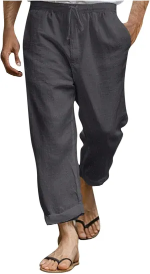 Linen Pants Men Long Relaxed Fit Elastic Waist Pants with Pockets Beach Yoga Travel Lounge Trousers for Summer
