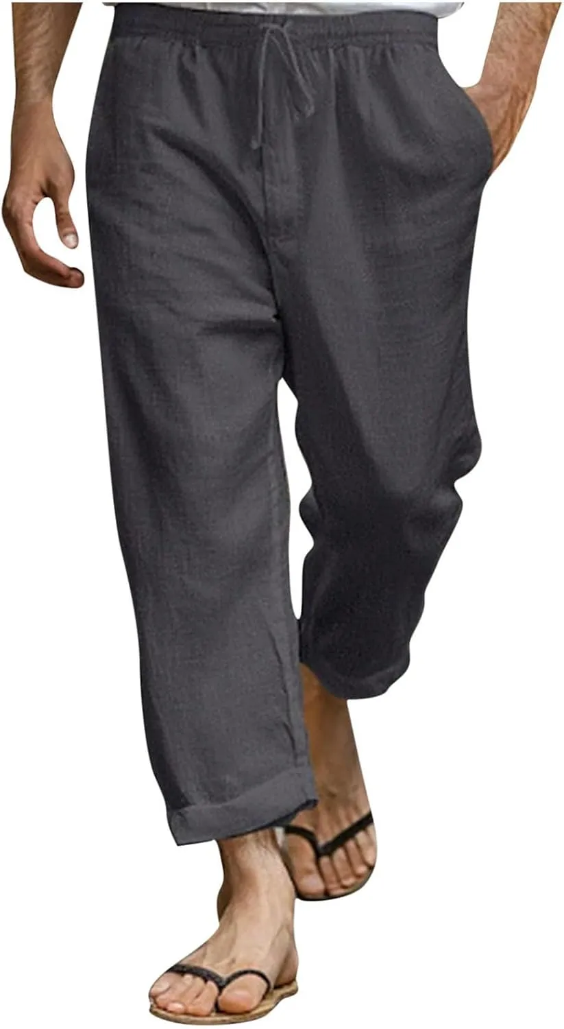 Linen Pants Men Long Relaxed Fit Elastic Waist Pants with Pockets Beach Yoga Travel Lounge Trousers for Summer