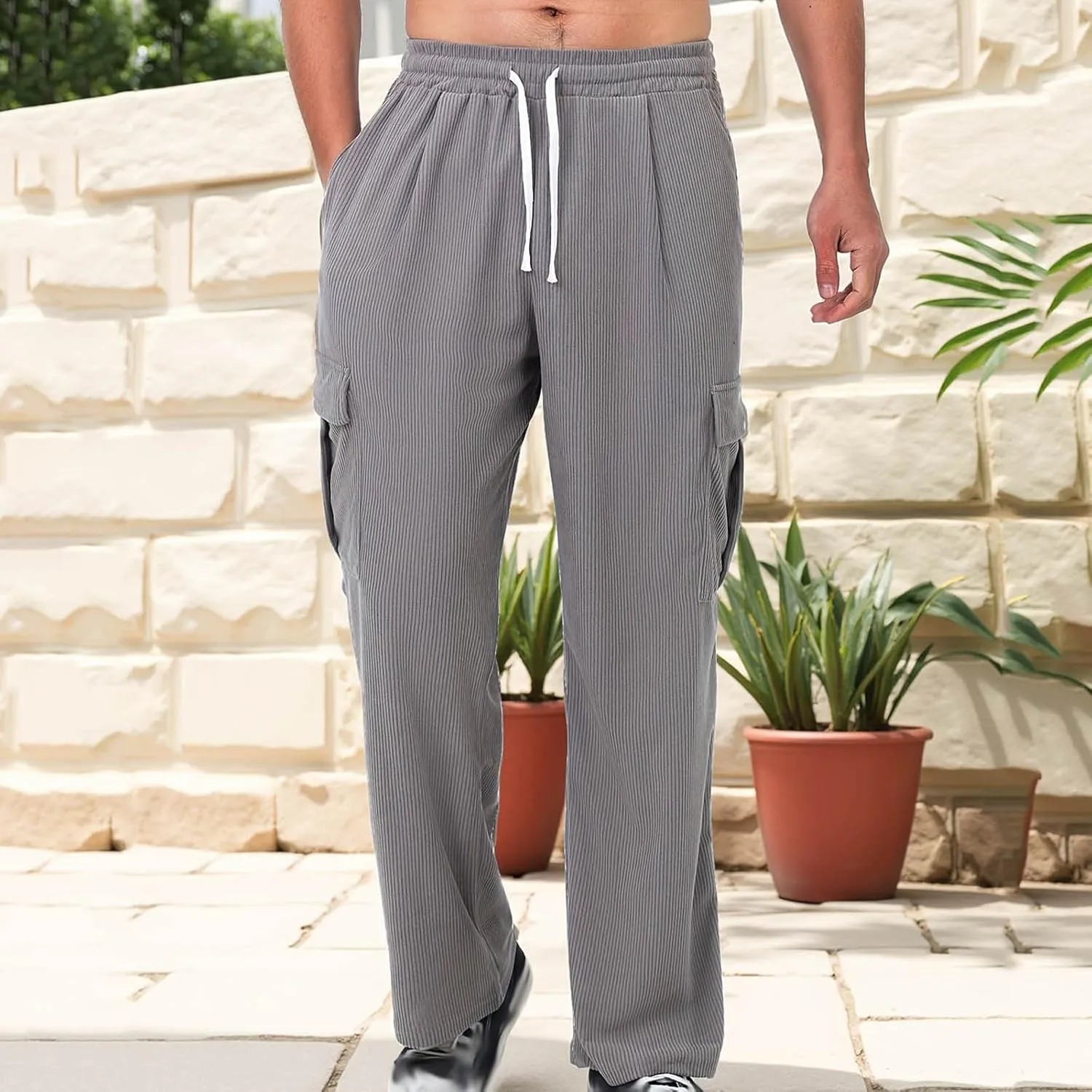 Mens Baggy Cargo Corduroy Pants Loose Fit Casual Sweatpants with Drawstring Elastic Waist Wide Leg Trousers