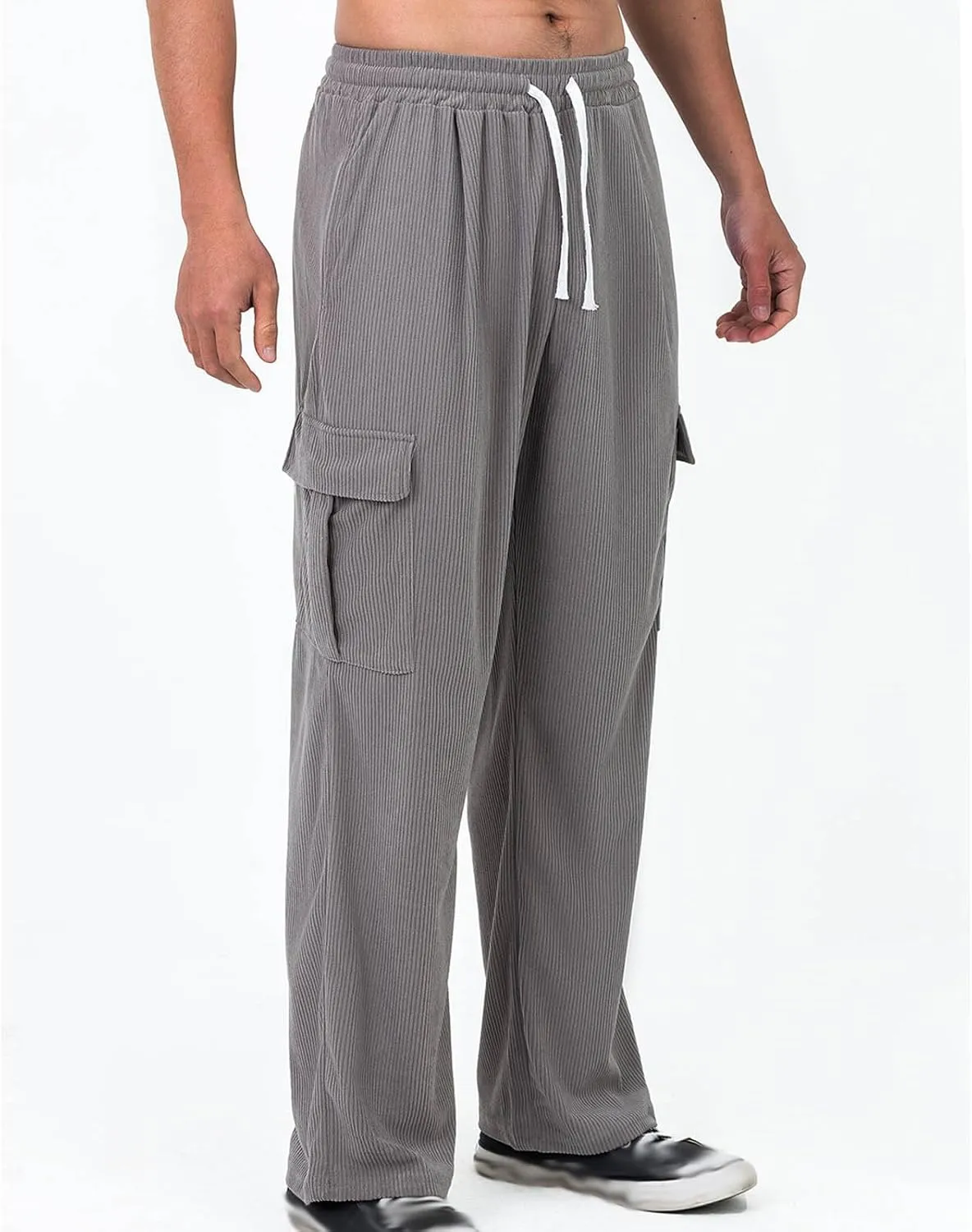 Mens Baggy Cargo Corduroy Pants Loose Fit Casual Sweatpants with Drawstring Elastic Waist Wide Leg Trousers