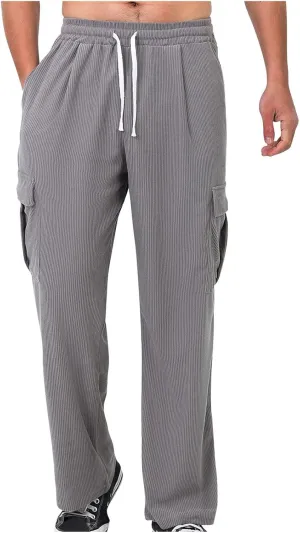 Mens Baggy Cargo Corduroy Pants Loose Fit Casual Sweatpants with Drawstring Elastic Waist Wide Leg Trousers