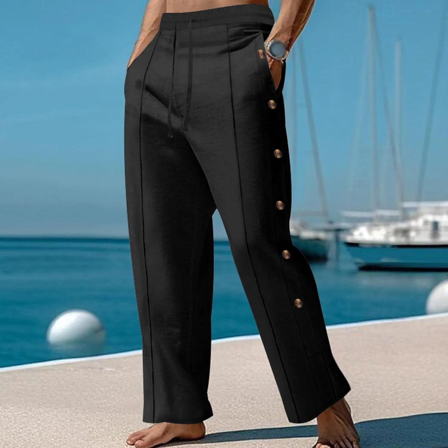 Mens Loose Fit Linen Pants Elastic Waist Drawstring Lightweight Summer Button Yoga Casual Trousers Straight Leg