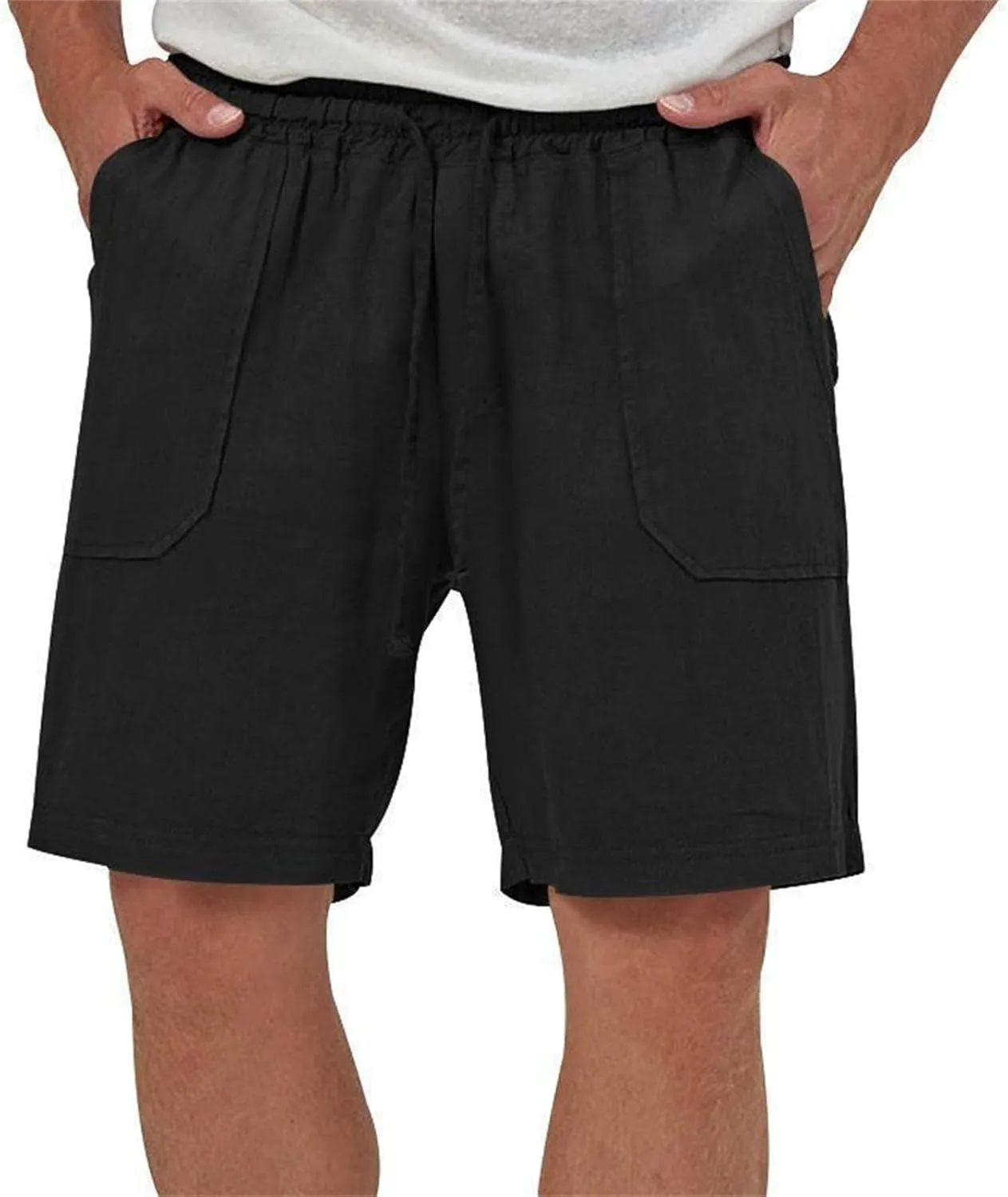 Mens Summer Cotton Linen Shorts Casual Lightweight Elastic Waist Boardshorts Front Pockets Plain Chino Pants Beachwear