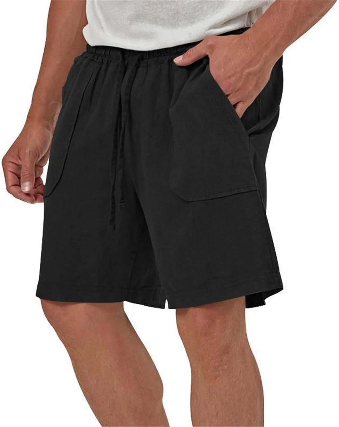 Mens Summer Cotton Linen Shorts Casual Lightweight Elastic Waist Boardshorts Front Pockets Plain Chino Pants Beachwear