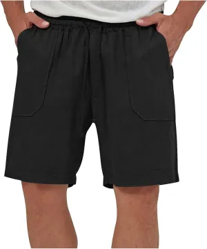 Mens Summer Cotton Linen Shorts Casual Lightweight Elastic Waist Boardshorts Front Pockets Plain Chino Pants Beachwear