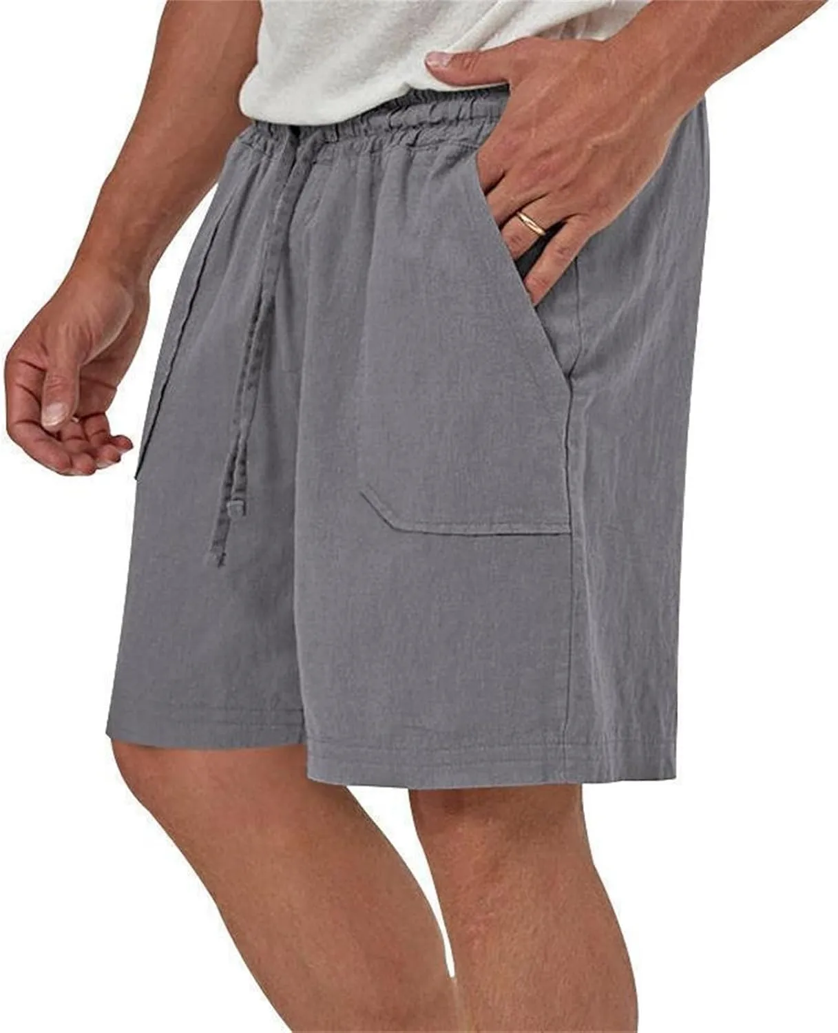 Mens Summer Cotton Linen Shorts Casual Lightweight Elastic Waist Boardshorts Front Pockets Plain Chino Pants Beachwear