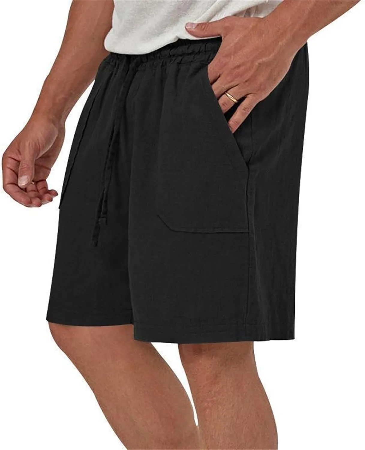 Mens Summer Cotton Linen Shorts Casual Lightweight Elastic Waist Boardshorts Front Pockets Plain Chino Pants Beachwear