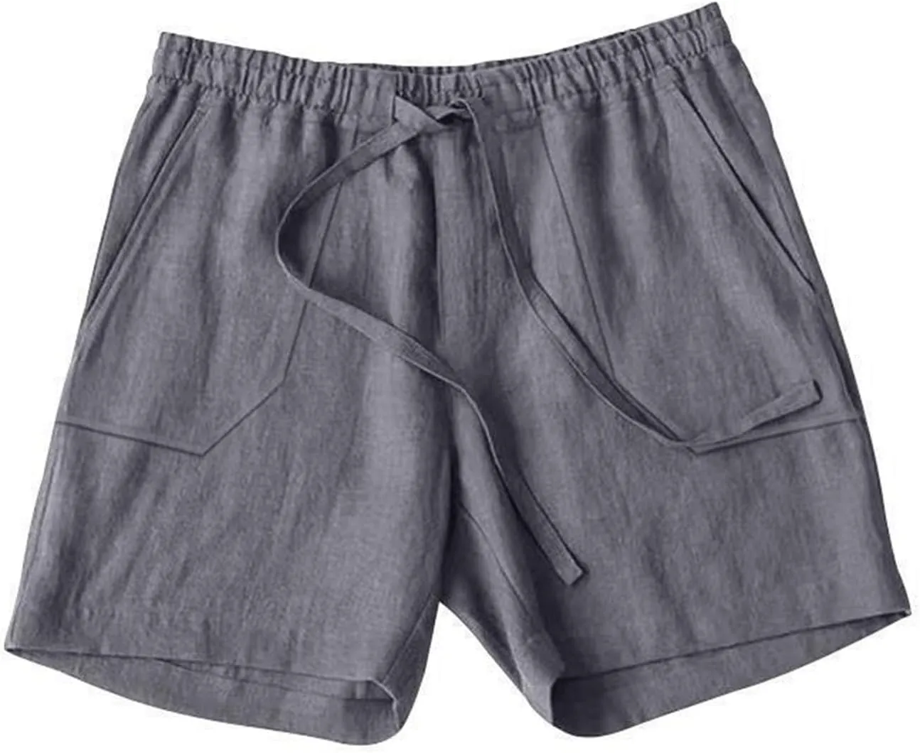 Mens Summer Cotton Linen Shorts Casual Lightweight Elastic Waist Boardshorts Front Pockets Plain Chino Pants Beachwear