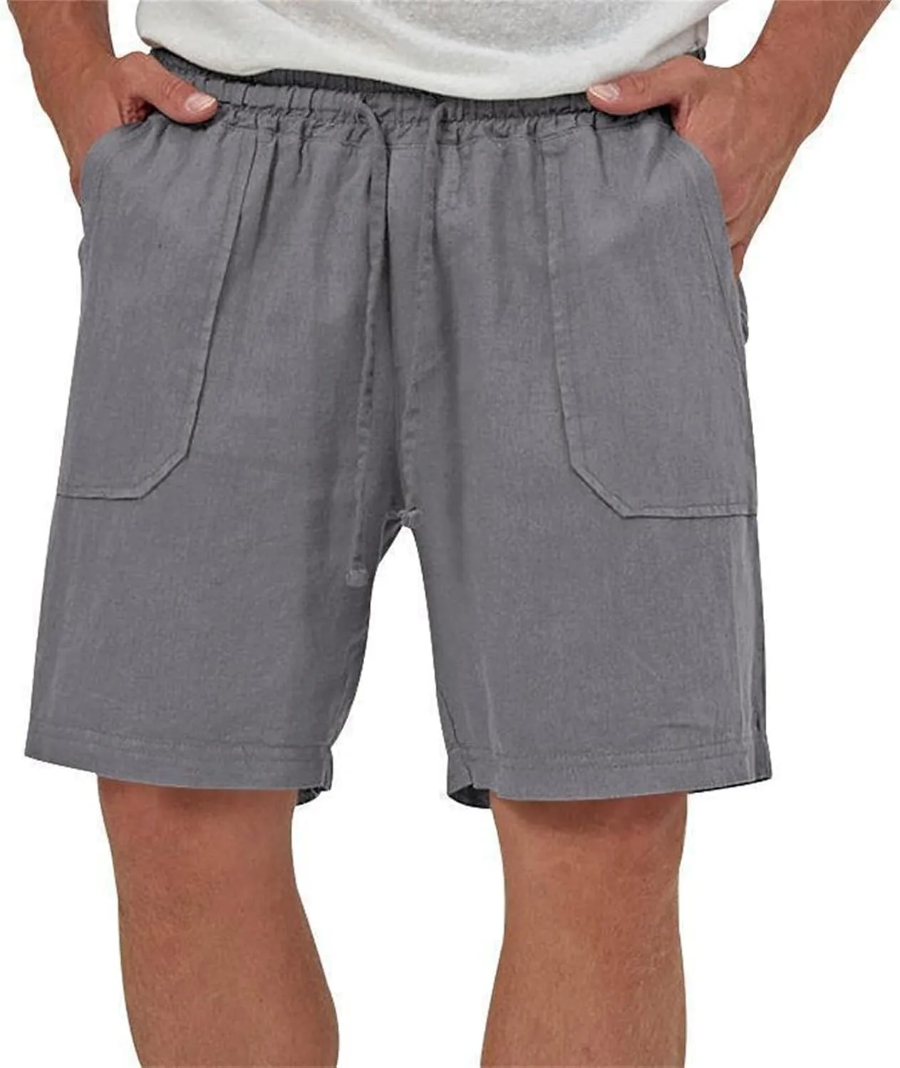 Mens Summer Cotton Linen Shorts Casual Lightweight Elastic Waist Boardshorts Front Pockets Plain Chino Pants Beachwear