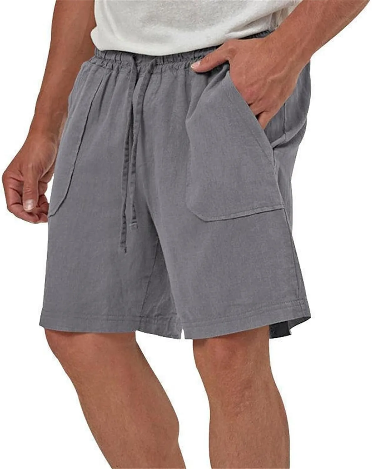 Mens Summer Cotton Linen Shorts Casual Lightweight Elastic Waist Boardshorts Front Pockets Plain Chino Pants Beachwear