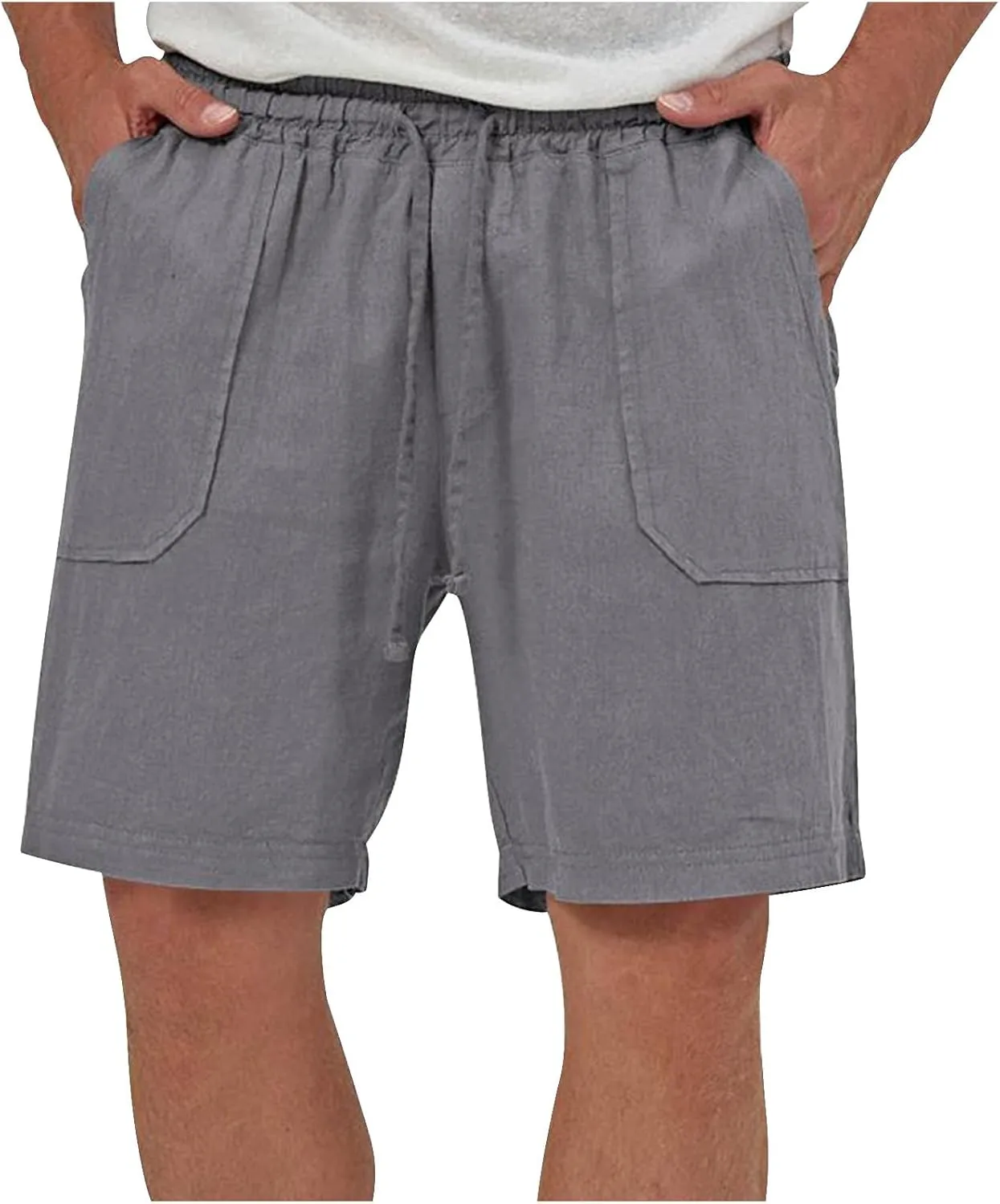 Mens Summer Cotton Linen Shorts Casual Lightweight Elastic Waist Boardshorts Front Pockets Plain Chino Pants Beachwear