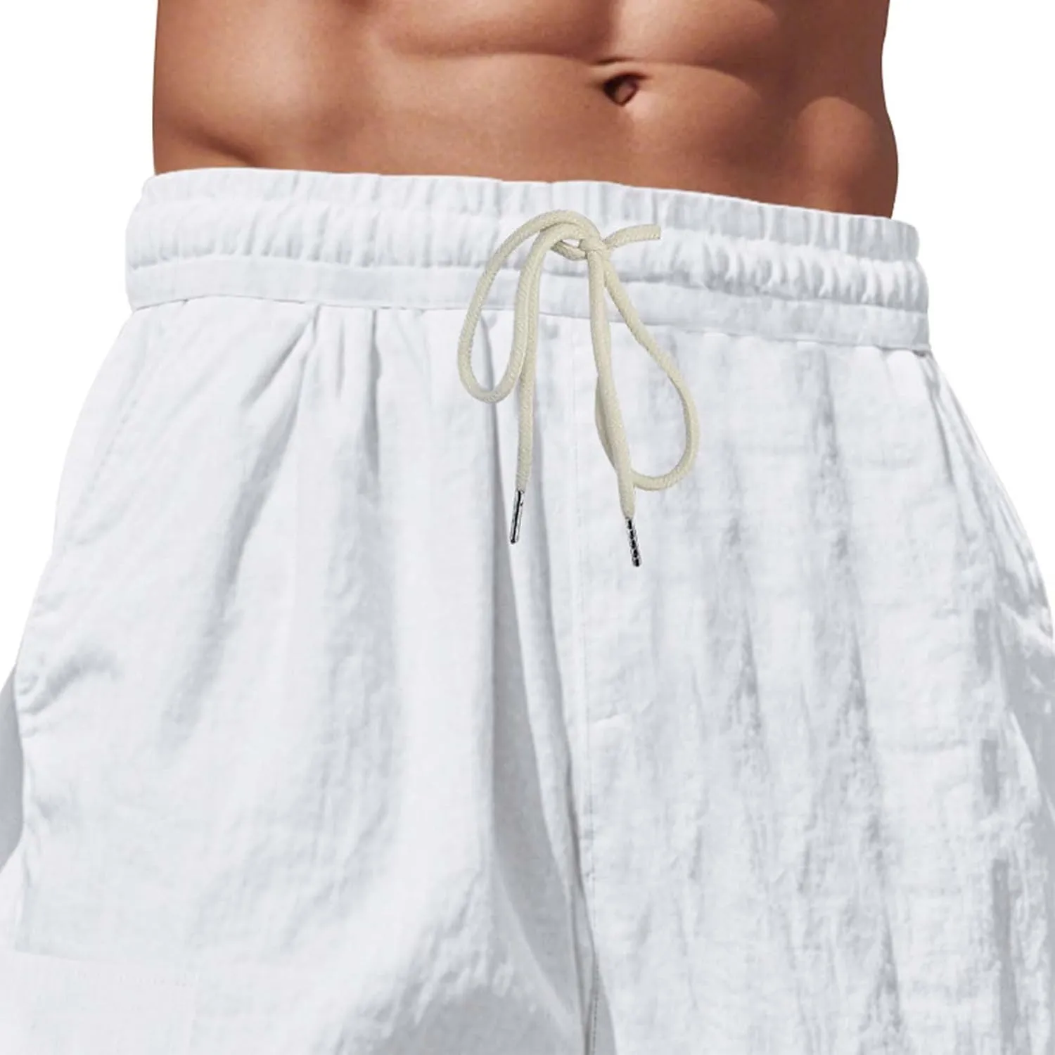 Mens Summer Linen Pants Elastic Waist Drawstring Lightweight Beach Yoga Casual Trousers Full Length with Pockets