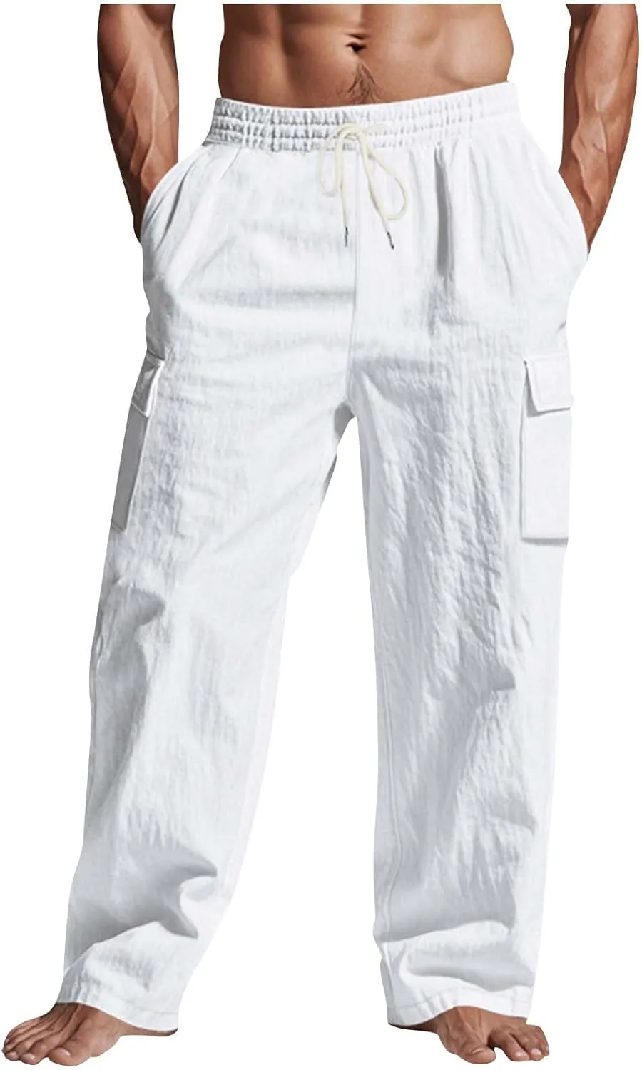 Mens Summer Linen Pants Elastic Waist Drawstring Lightweight Beach Yoga Casual Trousers Full Length with Pockets