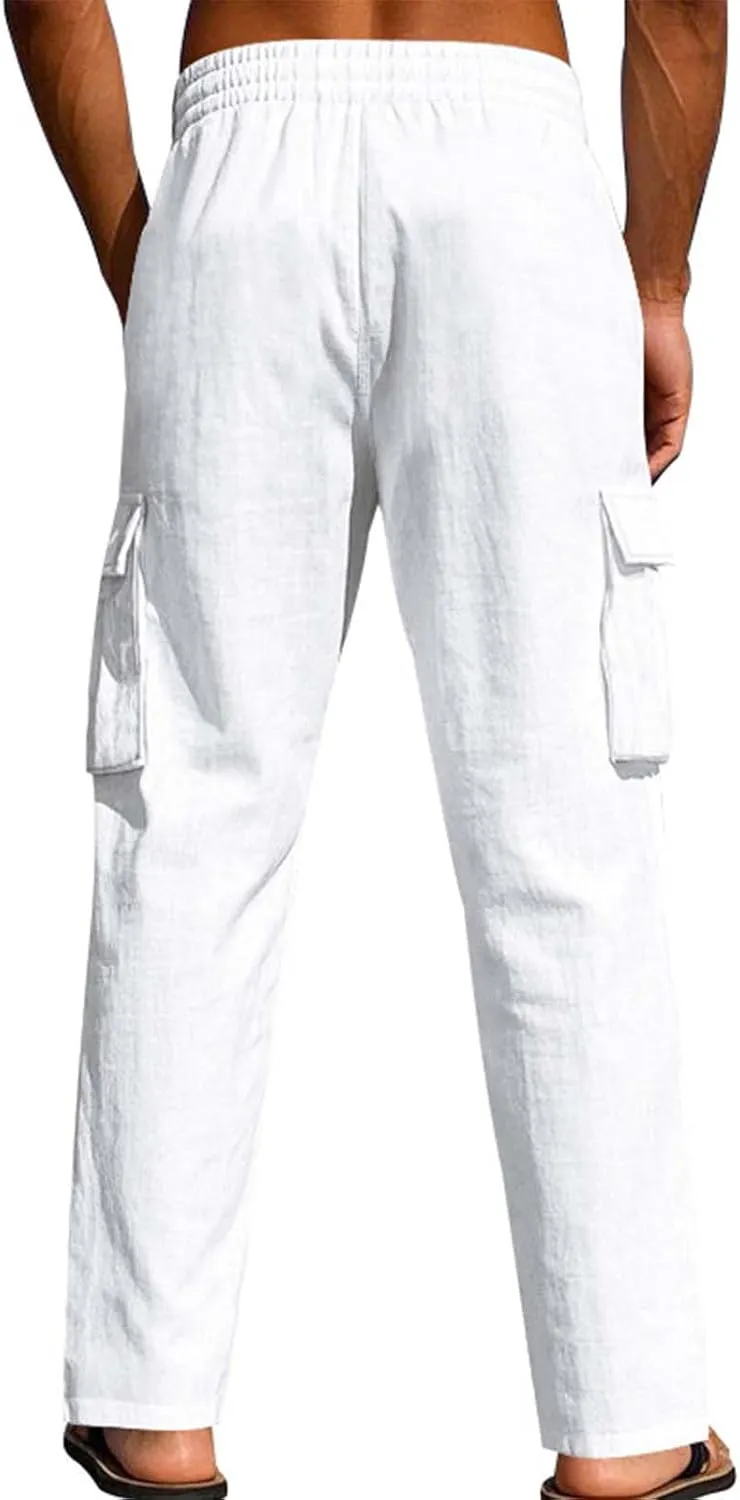 Mens Summer Linen Pants Elastic Waist Drawstring Lightweight Beach Yoga Casual Trousers Full Length with Pockets