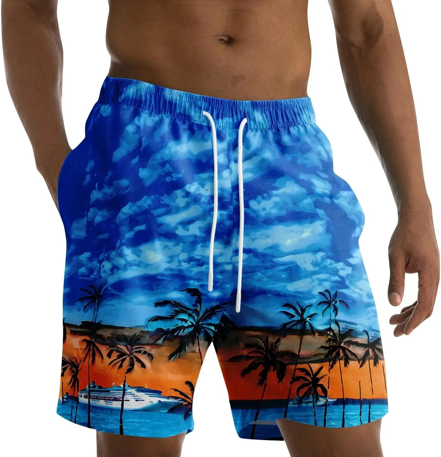 Mens Swim Trunks Hawaiian Quick Dry Swimming Swim Shorts with Pockets Stretchy Beach Bathing Suit