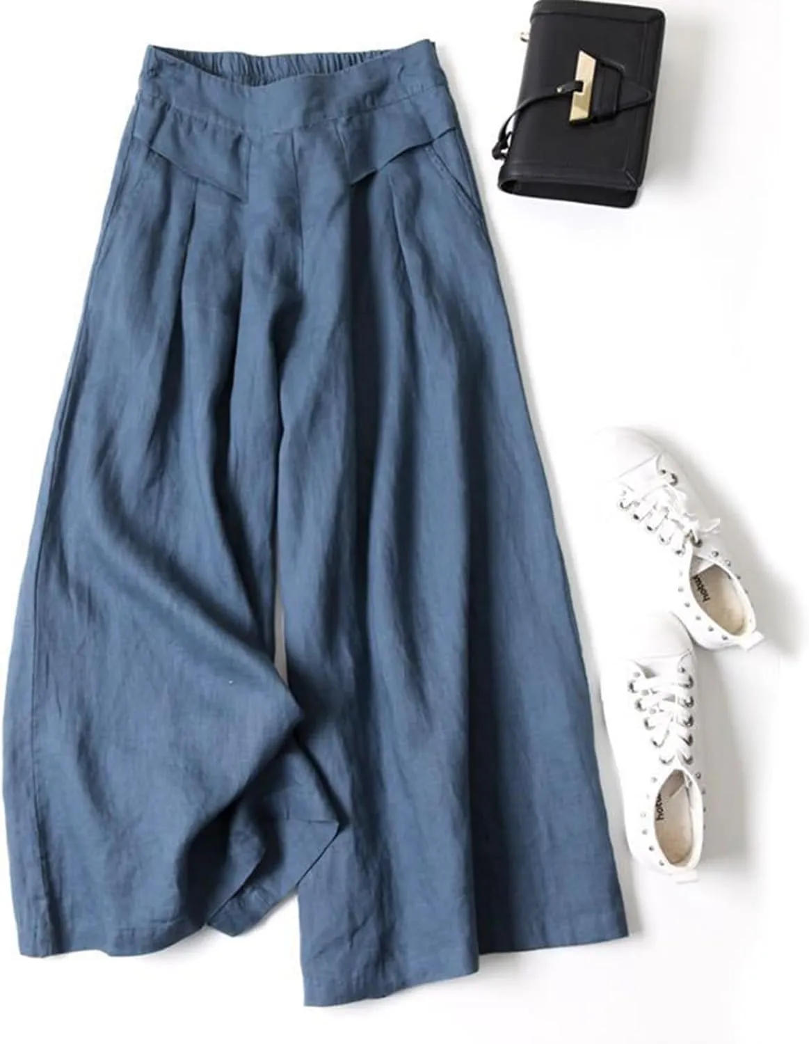 MINTLIMIT Women's Culottes Linen Wide Leg Pants Elastic Waist Lounge Pant Summer Casual Palazzo Trousers with Pockets