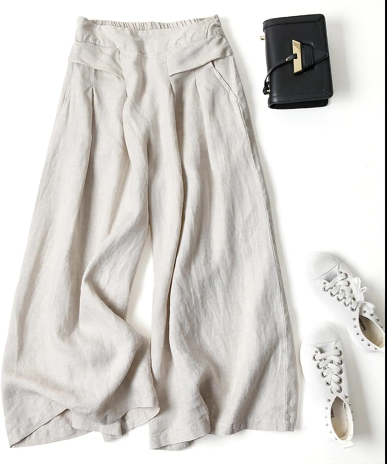 MINTLIMIT Women's Culottes Linen Wide Leg Pants Elastic Waist Lounge Pant Summer Casual Palazzo Trousers with Pockets