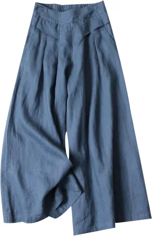 MINTLIMIT Women's Culottes Linen Wide Leg Pants Elastic Waist Lounge Pant Summer Casual Palazzo Trousers with Pockets