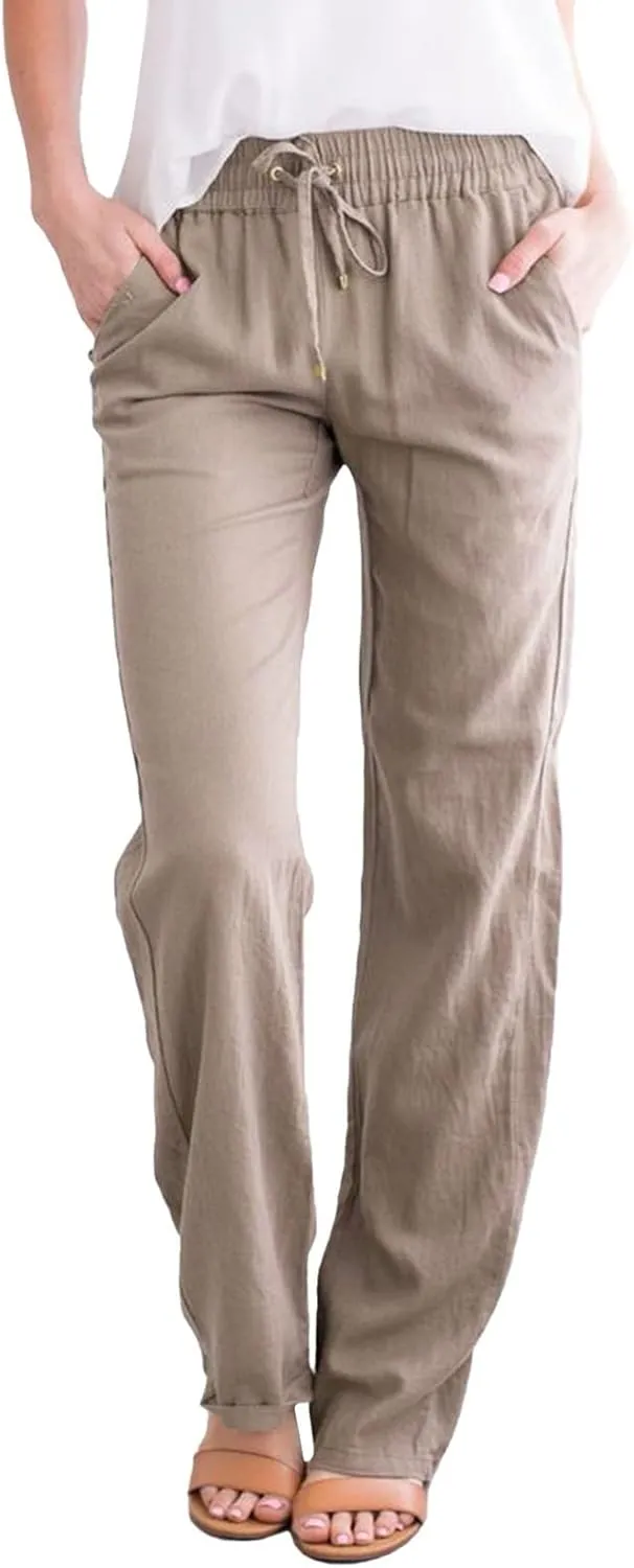 SHAOBGE Plus Size Linen Pants for Women Women Solid Straight Solid Elastic Pants Long Drawstring Trendy Pants
