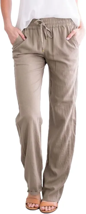 SHAOBGE Plus Size Linen Pants for Women Women Solid Straight Solid Elastic Pants Long Drawstring Trendy Pants