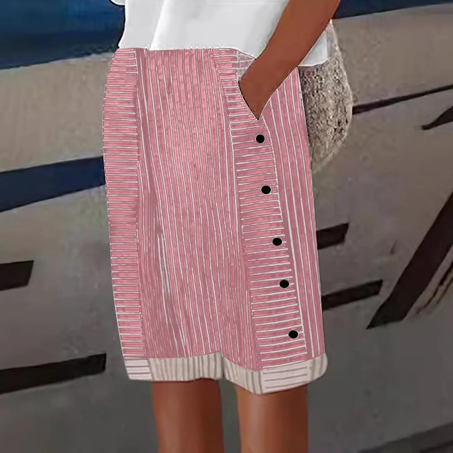 Striped Linen Pants for Women Casual Wide Straight Leg Side Button Capri Trousers High Waisted Bermuda Shorts Pocket