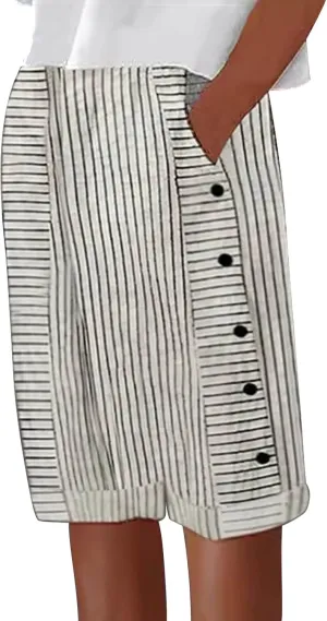 Striped Linen Pants for Women Casual Wide Straight Leg Side Button Capri Trousers High Waisted Bermuda Shorts Pocket