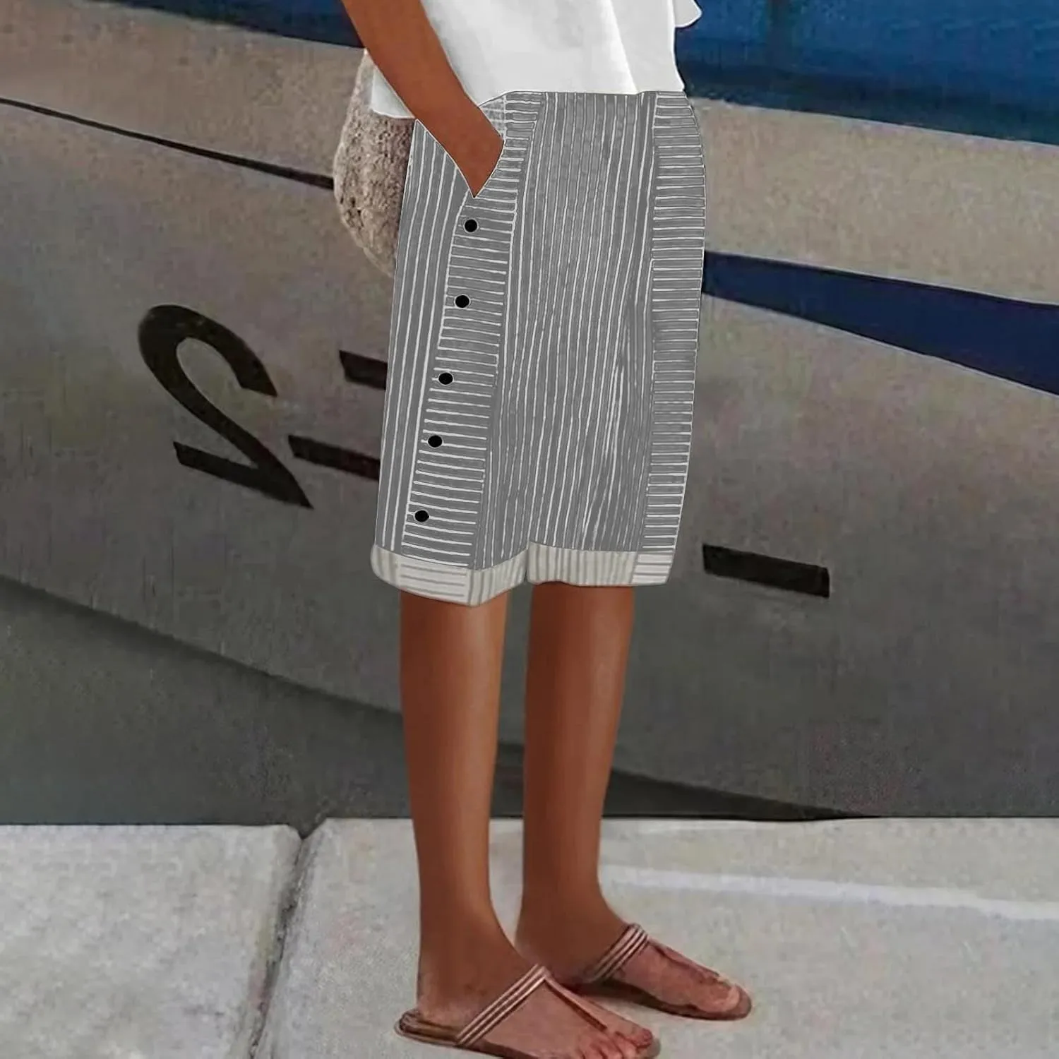 Striped Linen Pants for Women Casual Wide Straight Leg Side Button Capri Trousers High Waisted Bermuda Shorts Pocket
