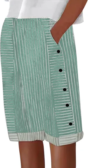 Striped Linen Pants for Women Casual Wide Straight Leg Side Button Capri Trousers High Waisted Bermuda Shorts Pocket