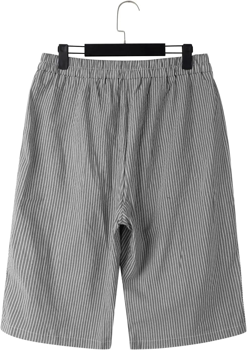 Striped Linen Pants for Women Casual Wide Straight Leg Side Button Capri Trousers High Waisted Bermuda Shorts Pocket