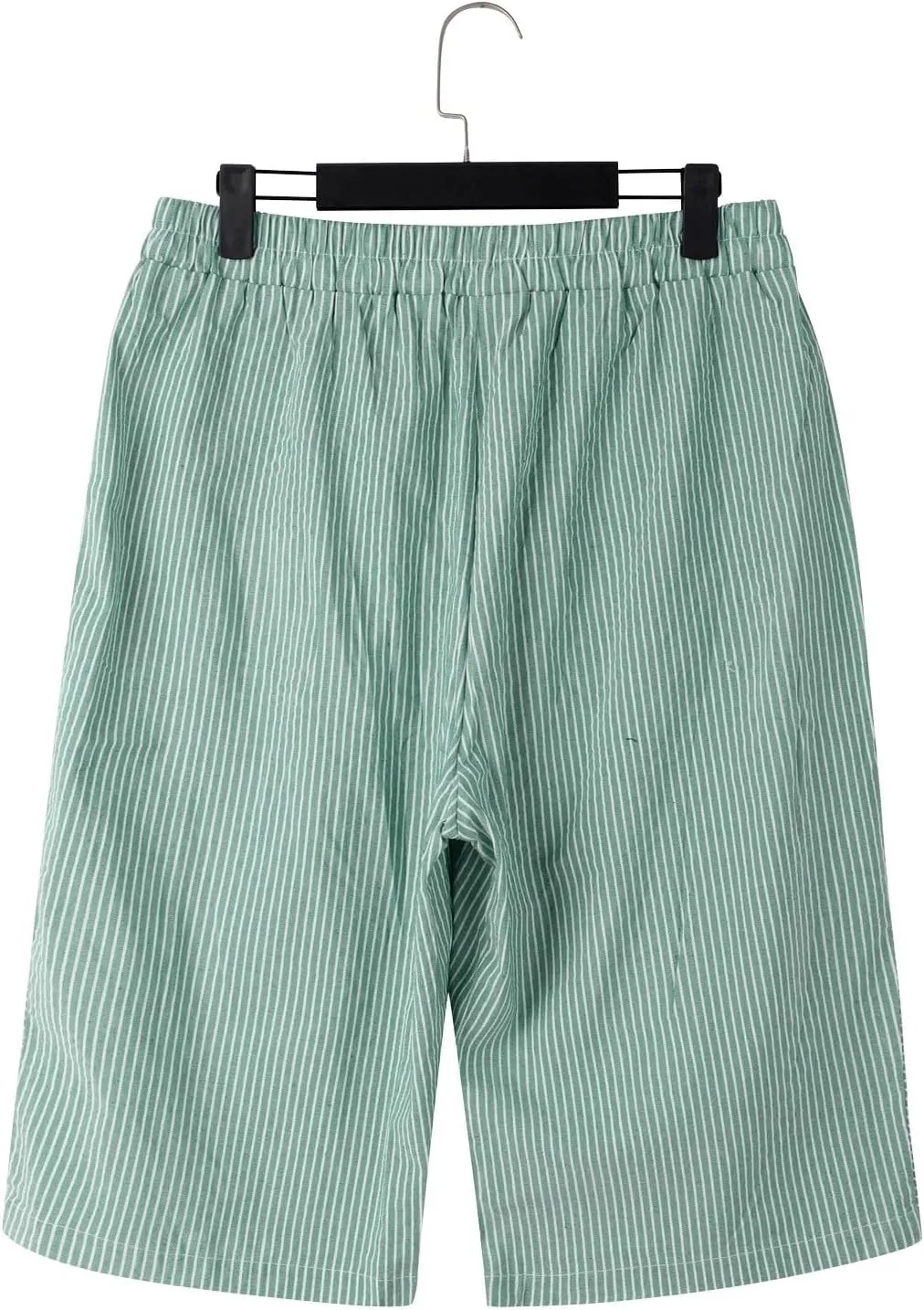 Striped Linen Pants for Women Casual Wide Straight Leg Side Button Capri Trousers High Waisted Bermuda Shorts Pocket