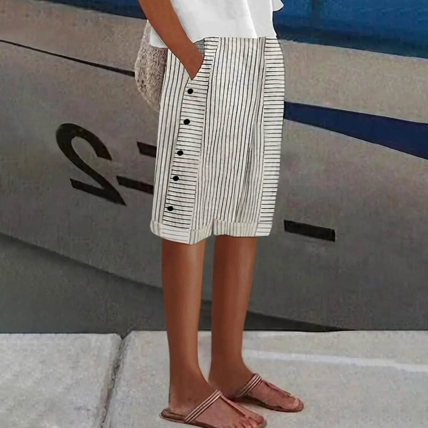 Striped Linen Pants for Women Casual Wide Straight Leg Side Button Capri Trousers High Waisted Bermuda Shorts Pocket