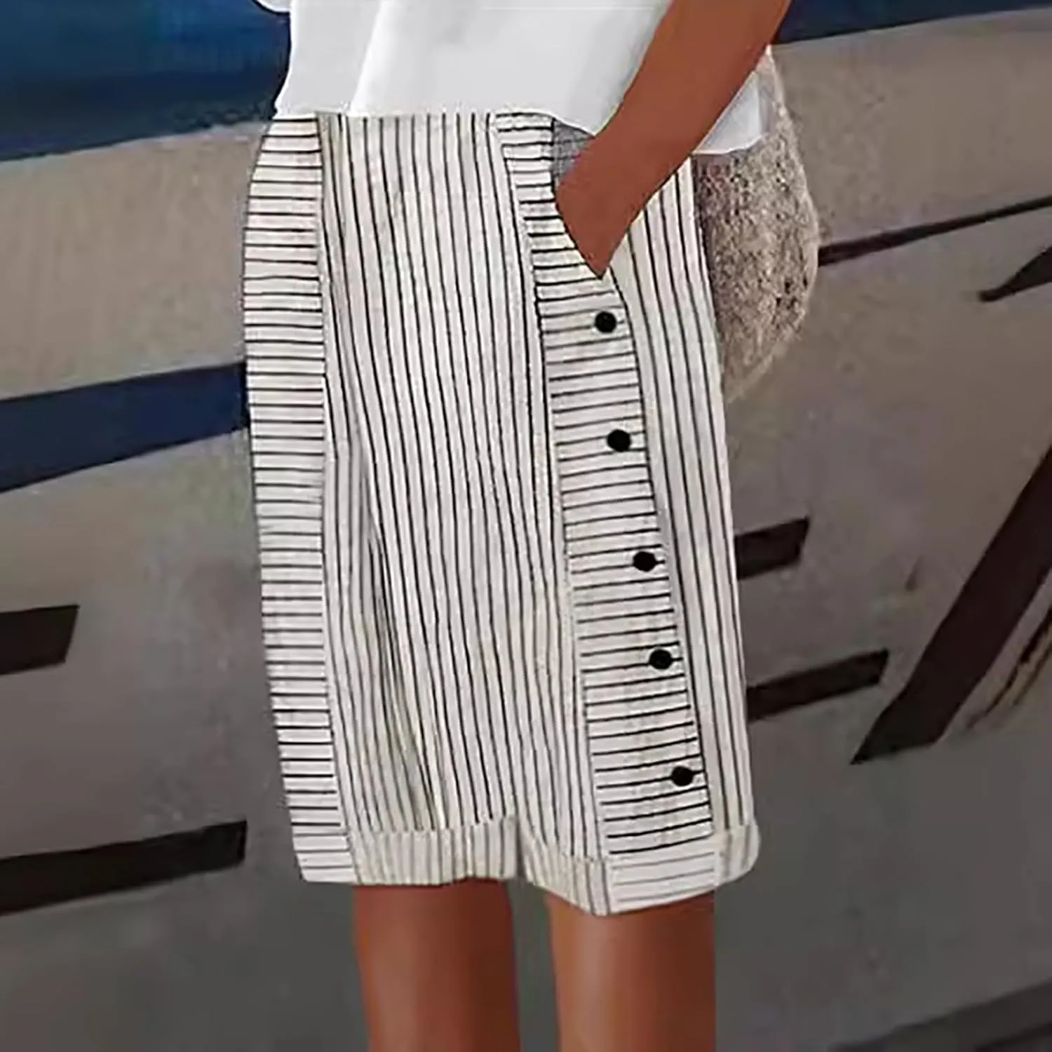Striped Linen Pants for Women Casual Wide Straight Leg Side Button Capri Trousers High Waisted Bermuda Shorts Pocket