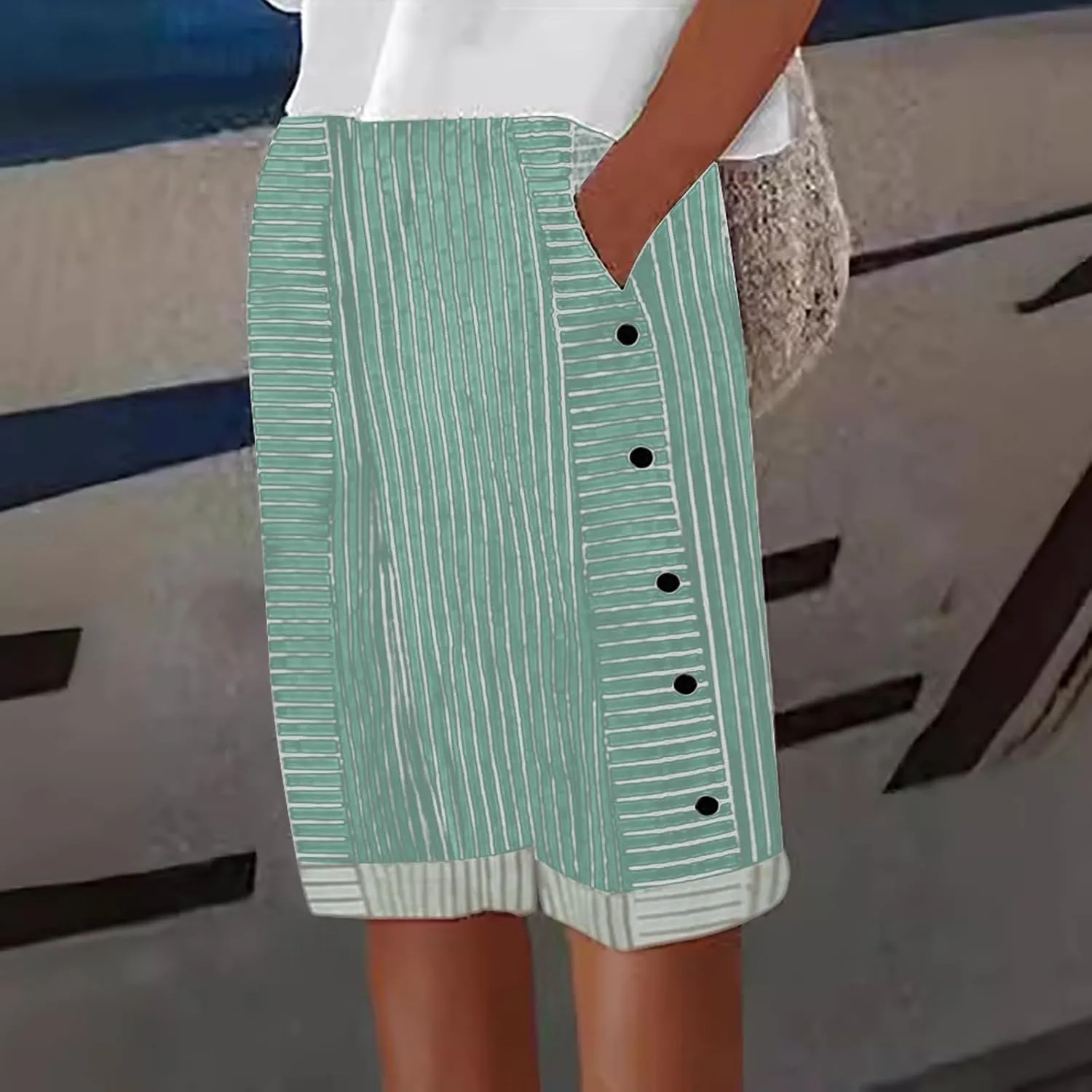 Striped Linen Pants for Women Casual Wide Straight Leg Side Button Capri Trousers High Waisted Bermuda Shorts Pocket