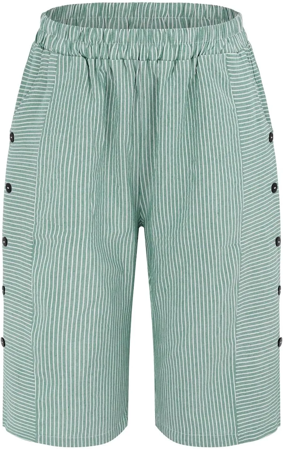 Striped Linen Pants for Women Casual Wide Straight Leg Side Button Capri Trousers High Waisted Bermuda Shorts Pocket