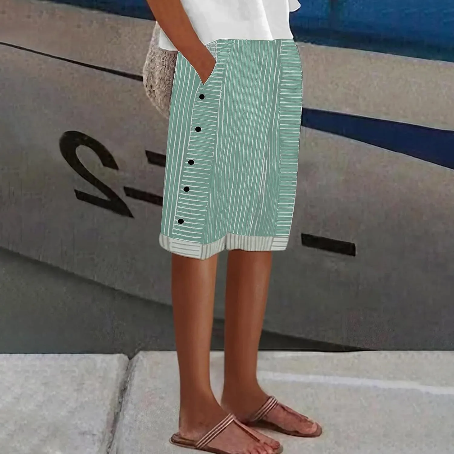 Striped Linen Pants for Women Casual Wide Straight Leg Side Button Capri Trousers High Waisted Bermuda Shorts Pocket
