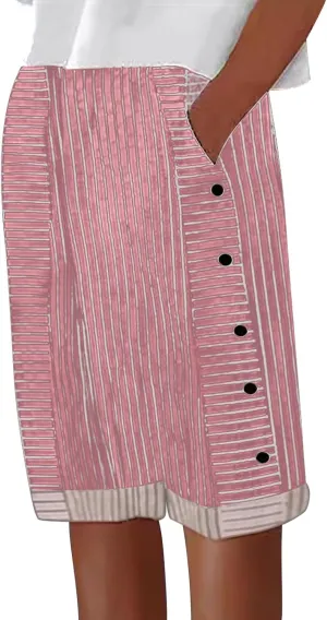 Striped Linen Pants for Women Casual Wide Straight Leg Side Button Capri Trousers High Waisted Bermuda Shorts Pocket