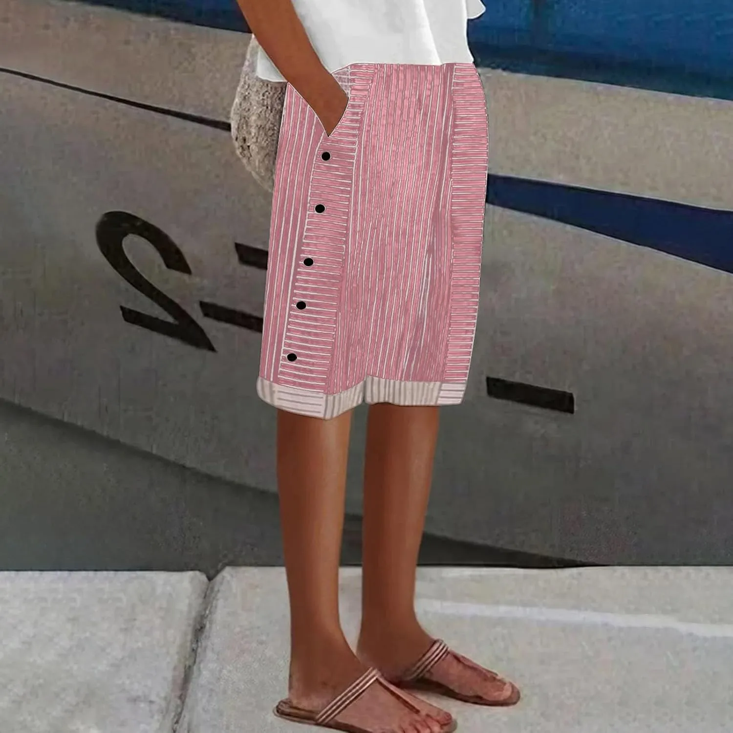 Striped Linen Pants for Women Casual Wide Straight Leg Side Button Capri Trousers High Waisted Bermuda Shorts Pocket