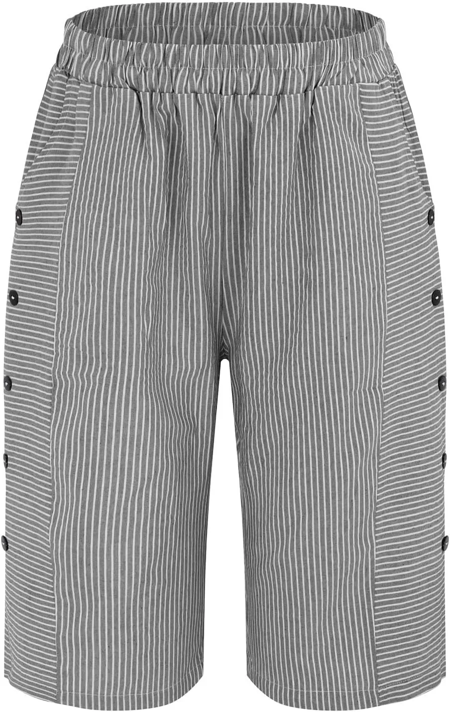 Striped Linen Pants for Women Casual Wide Straight Leg Side Button Capri Trousers High Waisted Bermuda Shorts Pocket