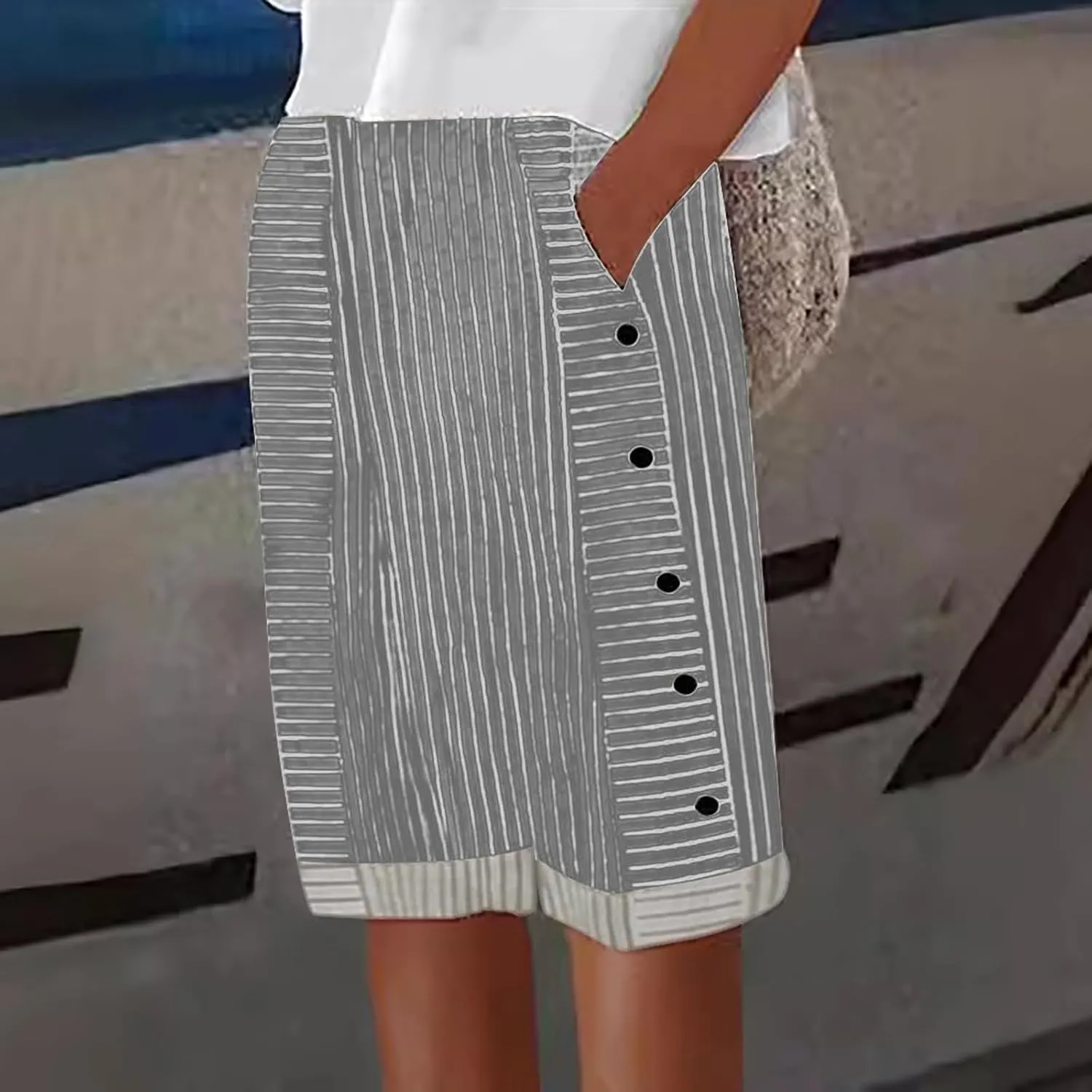Striped Linen Pants for Women Casual Wide Straight Leg Side Button Capri Trousers High Waisted Bermuda Shorts Pocket