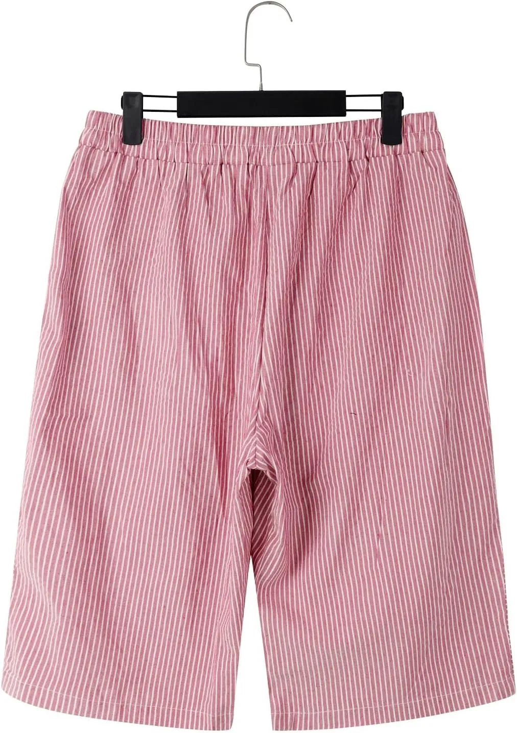 Striped Linen Pants for Women Casual Wide Straight Leg Side Button Capri Trousers High Waisted Bermuda Shorts Pocket